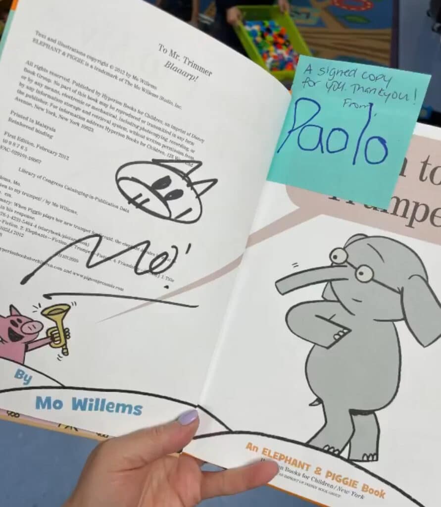 A children's book by Mo Williams signed by the author as a teacher appreciation gift
