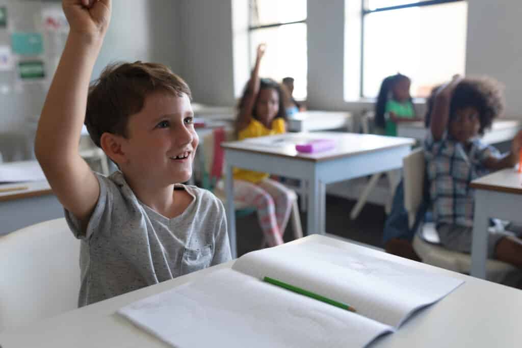 Elementary schoolboy raising hand while sitting ini classroom.