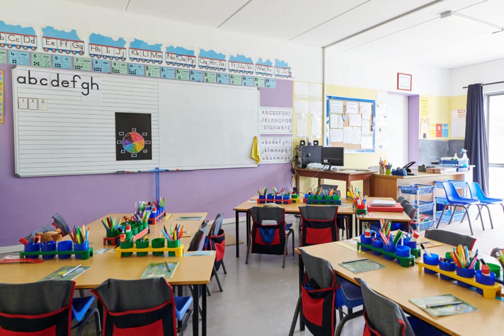 Empty Classroom In Elementary School With Whiteboard And Desks classroom organization concept