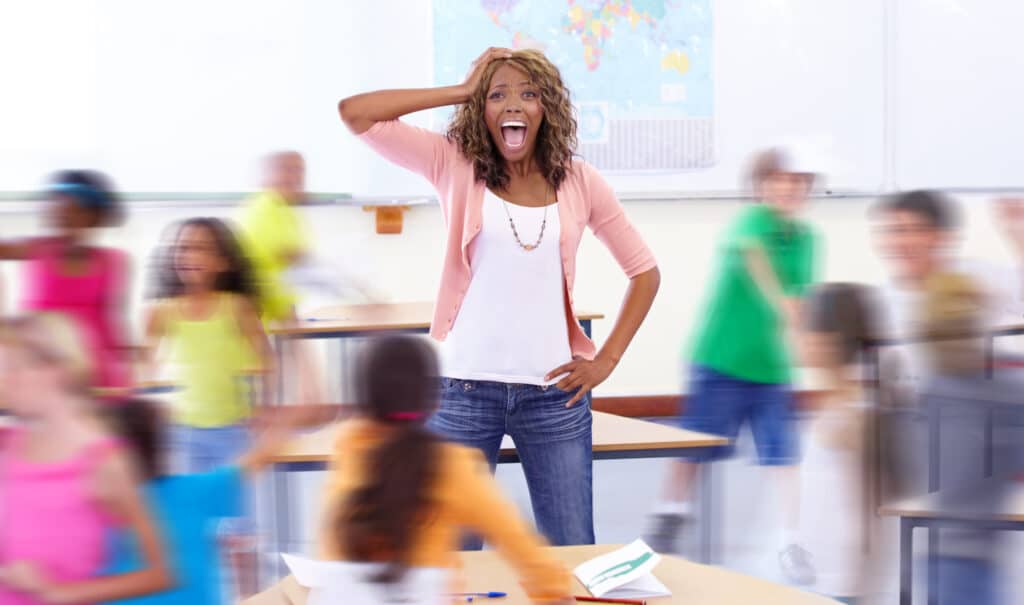 teacher wellness concept with chaos in the classroom