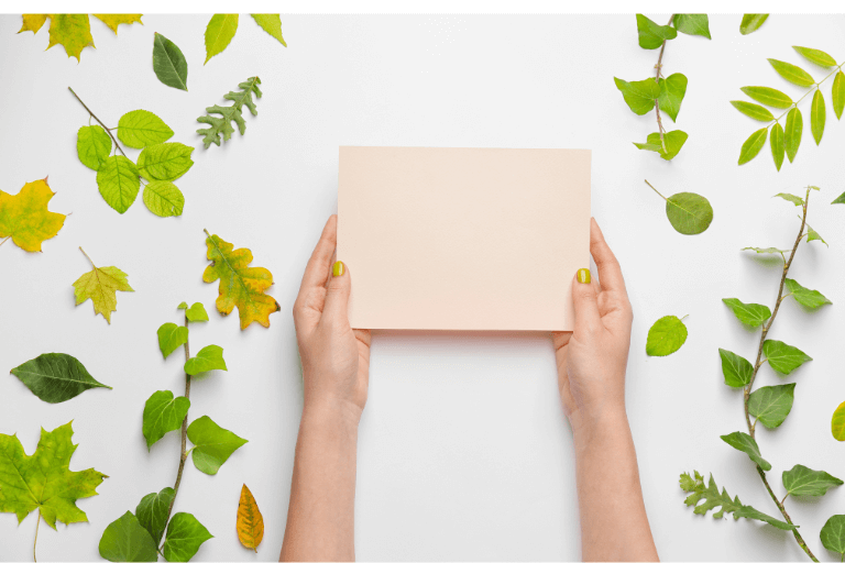 Hand holding a gift with leaves on the background