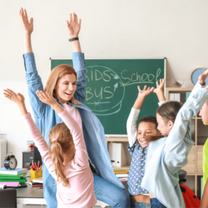 teacher and students happy raising hands