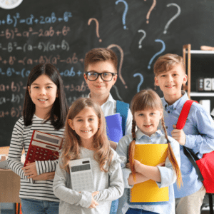 Students gathered holding books and supplies