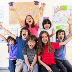 kids happily raising their hands