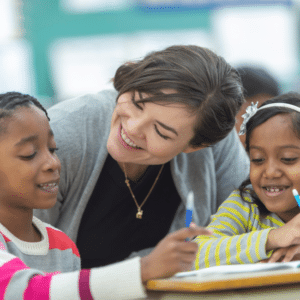 Teacher reaching out with students