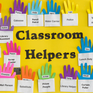 Classroom helpers board.